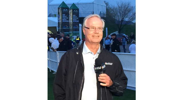 Mark Rolfing wearing NBC Golf jacket and holding mic