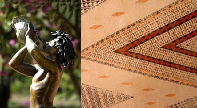 The King Kamehameha Golf Club Conch Blower Sculpture and Kapa art